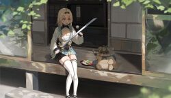 Rule 34 | 1girl, absurdres, black skirt, blonde hair, breasts, cleavage, haru yu, highres, holding, holding weapon, hololive, japanese clothes, japanese house, kazama iroha, leaf, medium breasts, open mouth, shirt, short hair, sitting, skirt, smile, solo, sword, tanuki, thighhighs, virtual youtuber, weapon, white thighhighs, wooden floor