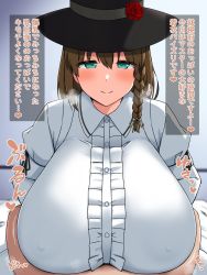 Rule 34 | 1boy, 1girl, breasts, brown hair, charlotte corday (fate), clothed paizuri, fate/grand order, fate (series), gigantic breasts, green eyes, hat, hetero, highres, huge breasts, paizuri, paizuri under clothes, short hair, tomato rice, translated