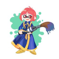 Rule 34 | 1girl, bad link, blue robe, cosplay, cotton (character), cotton (character) (cosplay), cotton (game), domino mask, full body, gold trim, highres, inkling player character, inublanc, mask, nintendo, paintbrush, red eyes, red hair, robe, short hair, simple background, solo, splatoon (series), standing, tentacle hair, yellow footwear