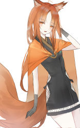 Rule 34 | 0 (znanimo), absurdres, animal ear fluff, animal ears, arknights, bad id, bad twitter id, black dress, black gloves, brown eyes, brown hair, cape, dress, gloves, hand up, highres, huris (arknights), long hair, looking at viewer, orange cape, parted bangs, simple background, solo, squirrel ears, squirrel girl, squirrel tail, tail, very long hair, white background