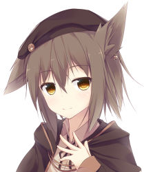 Rule 34 | 1girl, animal ears, backlighting, bell, beret, brown eyes, brown hair, cape, cat ears, earrings, hand on own chest, hand up, hat, highres, jewelry, light smile, looking at viewer, nagishiro mito, neck ribbon, original, portrait, ribbon, short hair, simple background, single earring, solo, white background