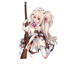 Rule 34 | 1girl, ahoge, apron, black footwear, blonde hair, blouse, blush, bolt action, bow, bowtie, breasts, brown dress, cleavage, clothes writing, clothing cutout, collared shirt, damaged, dango remi, dress, floating hair, frown, full body, girls&#039; frontline, gun, hair ornament, hair ribbon, hanyang type 88 (girls&#039; frontline), gewehr 88, headdress, heart, heart hair ornament, high heels, holding, holding weapon, kneeling, large breasts, long hair, looking at viewer, maid headdress, official art, one side up, pinafore dress, pink bow, pink bowtie, pink ribbon, pumps, ribbon, rifle, shirt, shoulder cutout, sidelocks, sleeveless, sleeveless dress, sleeveless shirt, sniper rifle, solo, tearing up, thighhighs, torn clothes, transparent background, very long hair, waist apron, weapon, white shirt, white thighhighs