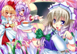 Rule 34 | 3girls, :d, adapted costume, apron, asymmetrical hair, bad id, bad pixiv id, bat wings, blonde hair, blue eyes, bow, braid, brooch, cup, fang, female focus, flandre scarlet, flower, hair bow, holding hands, hat, izayoi sakuya, jewelry, maid, maid apron, maid headdress, multiple girls, no headwear, no headwear, open mouth, outstretched arm, outstretched hand, ponytail, purple hair, red eyes, redcomet, remilia scarlet, short hair, siblings, side ponytail, silver hair, sisters, smile, tea, teacup, teapot, touhou, twin braids, waist apron, wings, wrist cuffs