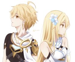 Rule 34 | 1boy, 1girl, aether (genshin impact), ahoge, alternate hair length, alternate hairstyle, armor, artist name, bare shoulders, blonde hair, breasts, brother and sister, brown shirt, closed mouth, detached sleeves, dress, earrings, flower, genshin impact, gold earrings, gold trim, hair between eyes, hair flower, hair length switch, hair ornament, highres, je mizu, jewelry, long hair, long sleeves, looking at viewer, looking to the side, lumine (genshin impact), medium breasts, open mouth, scarf, shirt, short hair, short sleeves, shoulder armor, siblings, simple background, single earring, sleeveless, sleeveless dress, standing, upper body, white background, white dress, white flower, white scarf, yellow eyes