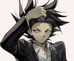 Rule 34 | 1boy, aoki (fumomo), black hair, black jacket, closed mouth, collared shirt, dress shirt, frown, grey eyes, jacket, long sleeves, looking to the side, male focus, manjoume jun, shirt, simple background, solo, spiked hair, upper body, white background, white shirt, wing collar, yu-gi-oh!, yu-gi-oh! gx