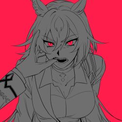 Rule 34 | 2girls, animal ears, breasts, cleavage, collarbone, collared shirt, finger in another&#039;s mouth, greyscale with colored background, hair between eyes, highres, horse ears, jacket, large breasts, long hair, long sleeves, looking at viewer, multiple girls, open mouth, out of frame, pendant choker, red background, red eyes, shirt, sirius symboli (umamusume), solo focus, spot color, symboli rudolf (umamusume), teeth, ukka (0ukka ), umamusume, upper body, v-shaped eyebrows