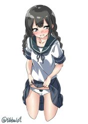 Rule 34 | 10s, 1girl, bad id, bad twitter id, black eyes, black hair, blue bow, blue skirt, blush, bow, bow panties, braid, clothes lift, collarbone, cowboy shot, cropped legs, ebifurya, gluteal fold, hair bow, highres, inactive account, isonami (kancolle), kantai collection, lifting own clothes, long hair, looking away, looking to the side, open mouth, panties, pink bow, pleated skirt, school uniform, serafuku, short sleeves, simple background, skirt, skirt lift, solo, tears, twin braids, twitter username, underwear, white background, white panties