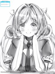 Rule 34 | 1girl, aki rosenthal, aki rosenthal (1st costume), blush, closed mouth, greyscale, head rest, highres, hololive, looking at viewer, monochrome, nanashi (nlo), necktie, simple background, smile, solo, twintails, virtual youtuber, white background