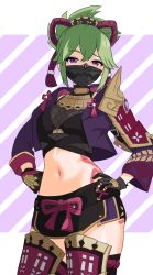 Rule 34 | 1girl, armor, black gloves, black shorts, black thighhighs, breasts, cleavage, commentary, english commentary, eyeshadow, fingerless gloves, genshin impact, gloves, green hair, hair between eyes, hair ornament, hands on own hips, highres, hood, hooded jacket, jacket, japanese armor, japanese clothes, kuki shinobu, kulo jawa, long hair, long sleeves, looking at viewer, makeup, medium breasts, navel, open clothes, open jacket, ponytail, purple eyes, red eyeshadow, rope, shimenawa, short shorts, shorts, shoulder armor, sidelocks, simple background, solo, stomach, stomach tattoo, tattoo, thighhighs, vision (genshin impact), zettai ryouiki