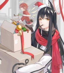 Rule 34 | &gt; &lt;, 2girls, :d, > <, arknights, bell, black hair, black jacket, black legwear, black skirt, blouse, box, candy, candy cane, capelet, cardboard box, christmas, christmas ornaments, detached sleeves, energy wings, exusiai (arknights), food, fur-trimmed capelet, fur-trimmed headwear, fur-trimmed shirt, fur-trimmed sleeves, fur trim, gloves, grey background, hair between eyes, halo, hat, highres, holding, holding box, id card, jacket, long hair, long sleeves, looking at viewer, mini hat, mouth hold, multicolored clothes, multicolored jacket, multiple girls, open mouth, penguin logistics logo, pocky, profile, red capelet, red gloves, red headwear, red ribbon, red scarf, red shirt, ribbon, santa costume, santa hat, scarf, shirt, sidelocks, skirt, sleeves past elbows, smile, streamers, teeth, texas (arknights), two-tone jacket, upper teeth only, was775, white jacket, xd, yellow eyes