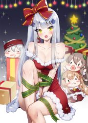 Rule 34 | 4girls, :3, :o, ankkoyom, bad id, bad pixiv id, bare legs, bare shoulders, bell, between legs, black eyes, blonde hair, blunt bangs, blush, blush stickers, bound, bound arms, bound legs, bow, box, breasts, breasts squeezed together, brown hair, chibi, christmas tree, cleavage, closed eyes, collarbone, commentary, dress, drooling, earrings, english commentary, facial mark, fur-trimmed dress, fur trim, gift, gift box, girls&#039; frontline, gradient background, green eyes, hair bow, hair ornament, hairclip, hand between legs, highres, hk416 (girls&#039; frontline), jewelry, jingle bell, knee up, large breasts, long hair, looking at viewer, multiple girls, off-shoulder dress, off shoulder, open mouth, red bow, red dress, scar, scar across eye, scar on face, sidelocks, signature, silver hair, sitting, sleeping, sparkle, straight hair, v-shaped eyebrows, very long hair