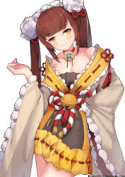 Rule 34 | 1girl, aduo, bell, brown hair, dress, exorcist miya, feet out of frame, flat chest, grin, guardian tales, hair ornament, hairclip, highres, jewelry, necklace, smile, twintails, white background, yellow dress, yellow eyes
