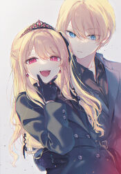Rule 34 | 1boy, 1girl, black coat, black gloves, black shirt, black suit, blonde hair, blue eyes, blush, brother and sister, coat, commentary request, formal, gloves, hand on another&#039;s waist, hoshino aquamarine, hoshino ruby, jewelry, looking at viewer, mismatched pupils, one side up, oshi no ko, red eyes, ring, shirt, siblings, silltare, simple background, smile, star-shaped pupils, star (symbol), suit, symbol-shaped pupils, tiara, twins, v, v over mouth