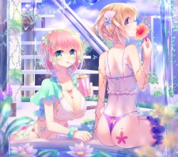 Rule 34 | 2girls, ass, babydoll, bad id, bad pixiv id, bendy straw, bikini, bikini under clothes, blonde hair, breasts, bridal garter, butt crack, choker, cleavage, day, drink, drinking straw, flower, from behind, green eyes, hair ornament, highres, jewelry, keyhole panties, large breasts, looking at viewer, looking back, multiple girls, necklace, original, purple eyes, sakakidani, see-through, short hair, sitting, smile, swimsuit, swimsuit under clothes, water