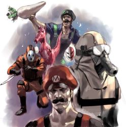 Rule 34 | 2boys, 2others, birdo, black shirt, elbow pads, facial hair, food, gas mask, goggles, green headwear, holding, holding food, holding knife, holding vegetable, jumpsuit, junny, knee pads, knife, looking up, luigi, male focus, mario, mario (series), mask, monster, multiple boys, multiple others, mustache, nintendo, open mouth, orange jumpsuit, phanto, realistic, red headwear, saliva, shaded face, shirt, shy guy, snifit, stubble, super mario bros. 2, vegetable, white jumpsuit