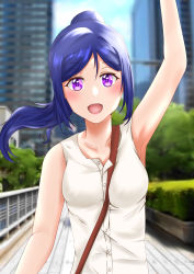 Rule 34 | 1girl, absurdres, artist name, artist request, bag, blue hair, blush, breasts, building, buttons, city, closed mouth, female focus, floating hair, hair between eyes, handbag, high ponytail, highres, long hair, looking at viewer, love live!, love live! sunshine!!, matsuura kanan, medium breasts, outdoors, parted lips, ponytail, purple eyes, shirt, shoulder bag, sleeveless, sleeveless shirt, smile, solo, upper body, wavy hair, white shirt