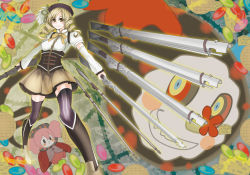 Rule 34 | 10s, beret, blonde hair, blush, boots, candle, charlotte (madoka magica), detached sleeves, drill hair, fingerless gloves, gloves, gun, hat, magical girl, mahou shoujo madoka magica, mahou shoujo madoka magica (anime), rifle, smile, tenjiku nezumi, thighhighs, thorns, tomoe mami, weapon, witch&#039;s labyrinth, yellow eyes