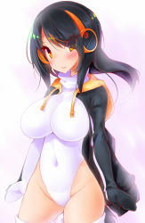 Rule 34 | 10s, 1girl, black hair, black jacket, breasts, brown eyes, covered navel, cowboy shot, emperor penguin (kemono friends), eyes visible through hair, hair over one eye, highleg, highleg leotard, highres, impossible clothes, impossible leotard, jacket, kemono friends, koha, large breasts, leotard, long hair, looking at viewer, multicolored hair, open clothes, simple background, solo, thighhighs, white background, white leotard, white thighhighs