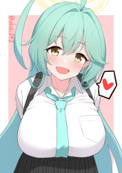 Rule 34 | 1girl, ahoge, akahi242, arm behind back, black skirt, blue archive, blush, breasts, collared shirt, green hair, green necktie, hair between eyes, heart, highres, huge breasts, long hair, looking at viewer, necktie, open mouth, pleated skirt, shirt, skirt, smile, solo, spoken heart, upper body, white shirt, yellow eyes, yume (blue archive)