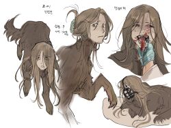 1boy blood blood_on_face brown_eyes capybeondegi closed_mouth commentary_request dog_boy fangs finger_in_another&#039;s_mouth gloves highres human_head korean_commentary korean_text long_hair looking_at_viewer male_focus monster_boy multiple_views muzzle open_mouth original pillow simple_background tongue tongue_out translation_request white_background