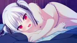 Rule 34 | 1boy, 1girl, bed, blush, bra, breasts, character request, donuthouse, game cg, hair ribbon, looking at viewer, lying, mayachi (amuriya), on side, open mouth, panties, red eyes, ribbon, silver hair, small breasts, tagme, underwear, valkyrie runabout!