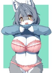 Rule 34 | 1girl, ahoge, animal ears, animal nose, blue background, blush, body fur, border, bow, bow panties, bra, breasts, brown eyes, cleavage, clothes lift, fang, furry, furry female, grey fur, grey hair, highres, kiori nezumi, large breasts, looking at viewer, mature female, multicolored fur, navel, open mouth, original, panties, pink bra, pink panties, simple background, skin fang, solo, sweater, sweater lift, two-tone fur, underwear, white border, white fur