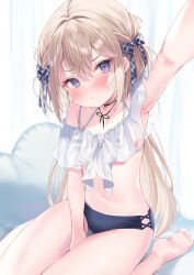Rule 34 | &gt;:(, 1girl, arm up, armpits, barefoot, bikini, black bikini, blurry, blurry background, blush, brown hair, closed mouth, commentary request, depth of field, ebihara beniko, hair between eyes, heart, highres, light frown, long hair, looking at viewer, navel, original, purple eyes, see-through, sitting, soles, solo, sweat, swimsuit, transparent, v-shaped eyebrows, very long hair, wariza