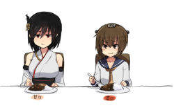 Rule 34 | 10s, 2girls, annin musou, bad id, bad pixiv id, black hair, brown eyes, brown hair, chair, curry, curry rice, detached sleeves, eating, food, hair ornament, headgear, kantai collection, multiple girls, neckerchief, nontraditional miko, plate, rice, school uniform, serafuku, short hair, sitting, spoon, translated, wide sleeves, yamashiro (kancolle), yukikaze (kancolle)