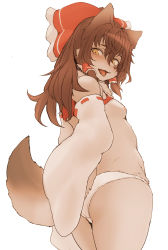 Rule 34 | 1girl, animal ears, ass, blush, bow, breasts, brown eyes, brown hair, dog ears, dog tail, hair bow, hakurei reimu, hawthorn, highres, japanese clothes, long hair, miko, nipples, panties, simple background, small breasts, solo, tail, touhou, underwear, white background, white panties
