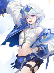 Rule 34 | 1girl, absurdres, ahoge, arm up, belt, blue eyes, blue gemstone, blue hair, casual, crop top, daeho cha, earrings, eyewear on head, furina (genshin impact), gem, genshin impact, gentilhomme usher, gloves, hair between eyes, highres, jacket, jewelry, light blue hair, long sleeves, looking at viewer, mademoiselle crabaletta, midriff, navel, open clothes, open jacket, open mouth, short hair, shorts, smile, solo, stomach, sunglasses, surintendante chevalmarin, thigh strap, white gloves, zipper