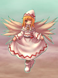 Rule 34 | 1girl, blonde hair, female focus, full body, gradient background, lily white, one eye closed, outdoors, sankuma, sky, solo, standing, touhou, wink