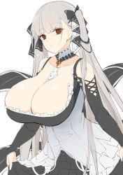 Rule 34 | absurdres, azur lane, black dress, breasts, chixiao, cleavage, commentary, commentary request, detached collar, dress, earrings, formidable (azur lane), frilled dress, frills, grey hair, highres, holding, holding clothes, holding dress, huge breasts, jewelry, platinum blonde hair, red eyes, simple background, sketch, solo, stud earrings, two-tone dress, two-tone ribbon, white background