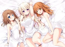 Rule 34 | 3girls, :d, :o, arm up, armpits, bad id, bad twitter id, bare shoulders, barefoot, bed sheet, blue eyes, blush, breasts, brown hair, cleavage, dress, dress tug, from above, highres, large breasts, long hair, looking at viewer, lying, medium breasts, multiple girls, on back, on side, open mouth, original, purple eyes, sasahara wakaba, short dress, silver hair, sleeveless, sleeveless dress, small breasts, smile, sundress, twintails, very long hair, white dress, yellow eyes
