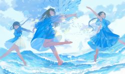 Rule 34 | 3girls, ^ ^, absurdres, animal, arm up, armpits, barefoot, black hair, blue dress, blue eyes, blue theme, closed eyes, cloud, day, dress, fish, highres, leg up, long hair, long sleeves, low twintails, multiple girls, ocean, original, outdoors, outstretched arms, plantar flexion, pofu31, ponytail, puffy sleeves, sky, sleeveless, sleeveless dress, smile, splashing, spread arms, surreal, twintails, wading, water