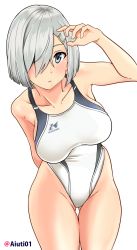 Rule 34 | 1girl, absurdres, aiuti, blue eyes, breasts, commentary request, competition swimsuit, cowboy shot, gluteal fold, hair ornament, hair over one eye, hairclip, hamakaze (kancolle), highres, kantai collection, leaning forward, looking at viewer, medium breasts, one-piece swimsuit, short hair, silver hair, simple background, solo, standing, swimsuit, thigh gap, twitter username, white background