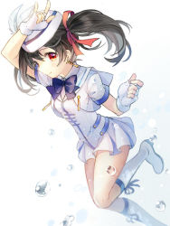 Rule 34 | 10s, 1girl, beret, black hair, bow, earrings, feather beret, fingerless gloves, gloves, hair bow, hair ribbon, hat, hat feather, jewelry, love live!, love live! school idol project, red eyes, ribbon, rio.lw, simple background, solo, twintails, water, water drop, wonderful rush, yazawa nico