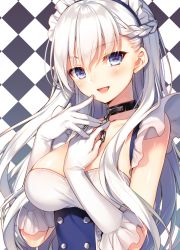 Rule 34 | 1girl, azur lane, belfast (azur lane), blue eyes, blush, braid, breasts, chain, checkered background, collar, collarbone, commentary, dress, elbow gloves, french braid, gloves, headdress, highres, long hair, looking at viewer, medium breasts, open mouth, silver hair, simple background, sleeveless, sleeveless dress, smile, solo, toosaka asagi, upper body, white gloves