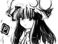 Rule 34 | 1girl, coo (coonekocoo), crescent, crescent hat ornament, female focus, greyscale, hat, hat ornament, long hair, monochrome, patchouli knowledge, power-up, solo, touhou