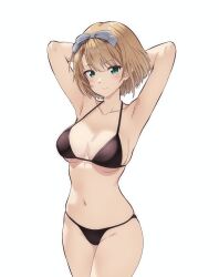 1girl 22/7 absurdres arms_behind_head bikini black_bikini blonde_hair blue_bow blue_hairband bow bow_hairband closed_mouth collarbone cowboy_shot gabrieltenma77 green_eyes hair_bow hairband halterneck highres looking_at_viewer navel saito_nicole short_hair simple_background smile solo swimsuit white_background