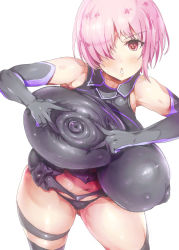 Rule 34 | 1girl, alternate breast size, bare shoulders, blush, bodysuit, breasts, cleavage, covered erect nipples, curvy, eyelashes, fate/grand order, fate (series), female focus, gloves, hair over one eye, hand on breast, highres, huge breasts, looking at viewer, mash kyrielight, mozu-k, open mouth, pink hair, red eyes, shiny skin, short hair, solo, standing, wide hips