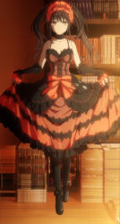 Rule 34 | 1girl, absurdres, bare shoulders, black dress, black footwear, black hair, black sleeves, boots, breasts, cleavage, clock eyes, collarbone, date a live, detached collar, detached sleeves, dress, female focus, frilled dress, frills, full body, gothic lolita, hair between eyes, hair ornament, hairband, heterochromia, highres, indoors, lolita fashion, lolita hairband, long hair, looking at viewer, medium breasts, multicolored clothes, multicolored dress, red dress, red eyes, red headwear, screencap, smile, solo, spaghetti strap, stitched, symbol-shaped pupils, third-party edit, tokisaki kurumi, twintails, two-tone dress, yellow eyes