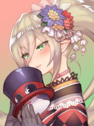 Rule 34 | 1girl, blonde hair, blue flower, blush, flower, folks (nabokof), from side, gloves, gradient background, green background, green eyes, grey gloves, hair between eyes, hair flower, hair ornament, long hair, magilou (tales), official alternate costume, parted lips, pink background, pointy ears, red flower, smile, solo, tales of (series), tales of berseria, upper body, very long hair