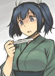 Rule 34 | 10s, 1girl, aaru (tenrake chaya), blue eyes, blue hair, blue theme, breasts, from below, gradient background, japanese clothes, kantai collection, large breasts, open mouth, pregnancy test, ribbed sweater, shaded face, short twintails, solo, souryuu (kancolle), sweater, tears, temple, trembling, twintails, upper body, wavy mouth