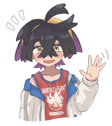 Rule 34 | 1boy, :d, aritsune01, black hair, blush, collarbone, colored inner hair, commentary request, creatures (company), crossed bangs, game freak, hair between eyes, hairband, hand up, highres, jacket, kieran (pokemon), long sleeves, male focus, mole, mole on neck, multicolored hair, nintendo, notice lines, open mouth, pokemon, pokemon sv, red shirt, shirt, sleeveless, sleeveless shirt, smile, solo, upper body, waving, white background, white jacket, yellow hairband