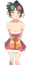 Rule 34 | 1girl, 3d glasses, an-an lee, bare arms, bare shoulders, black hair, blush, breasts, cleavage, closed mouth, dress, eyewear on head, feet out of frame, gift, highres, holding, holding gift, licking lips, looking at viewer, rasusurasu, reverse:1999, santa dress, simple background, small breasts, smile, solo, strapless, strapless dress, sunglasses, tongue, tongue out, white background, yellow eyes