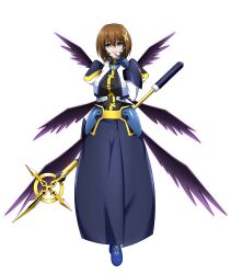 Rule 34 | 1girl, absurdres, arm behind back, blue eyes, bright pupils, brown hair, commission, evil grin, evil smile, eyebrows hidden by hair, full body, gloves, grin, hair between eyes, hair ornament, highres, hip armor, long skirt, long sleeves, looking at viewer, lyrical nanoha, mahou shoujo lyrical nanoha, mahou shoujo lyrical nanoha strikers, multiple wings, numbers&#039; uniform, numbers (nanoha), oshimaru026, pixiv commission, puffy sleeves, schwertkreuz, short hair, simple background, skirt, smile, solo, staff, waist cape, white background, white pupils, wings, x hair ornament, yagami hayate