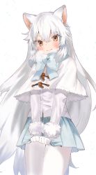 Rule 34 | 10s, 1girl, animal ears, arctic fox (kemono friends), blush, bow, bowtie, breath, cloak, clutching clothes, coat, commentary, cowboy shot, fox ears, fox tail, fur trim, highres, kemono friends, long sleeves, mochii, nervous, pantyhose, pleated skirt, skirt, solo, tail, white hair, yellow eyes