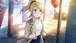 Rule 34 | 1girl, artist request, ayase eli, bag, black pants, black scrunchie, blonde hair, blue eyes, blush, breasts, brown jacket, carrying bag, carrying over shoulder, female focus, hair between eyes, hair ornament, hair scrunchie, jacket, jewelry, long hair, long sleeves, looking at viewer, love live!, love live! school idol festival, love live! school idol festival all stars, love live! school idol project, medium breasts, necklace, pants, parted lips, ponytail, scrunchie, shirt, smile, solo, striped clothes, striped shirt, vertical-striped clothes, vertical-striped shirt, white shirt