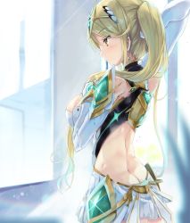 Rule 34 | 1girl, alternate hairstyle, armor, ass, blonde hair, breasts, butt crack, dress, gloves, indoors, inoue takuya (tactactak), jewelry, large breasts, long hair, looking to the side, mythra (xenoblade), nintendo, ponytail, smile, solo, sunlight, tiara, tying hair, xenoblade chronicles (series), xenoblade chronicles 2, yellow eyes