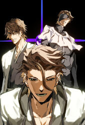 Rule 34 | 1boy, absurdres, ahoge, aizen sousuke, black background, black kimono, bleach, blood, blood on face, brown eyes, brown hair, clenched teeth, eyepatch, glasses, highres, japanese clothes, kimono, multiple views, open mouth, rectangular eyewear, short hair, simple background, teeth, white haori, xi luo an ya